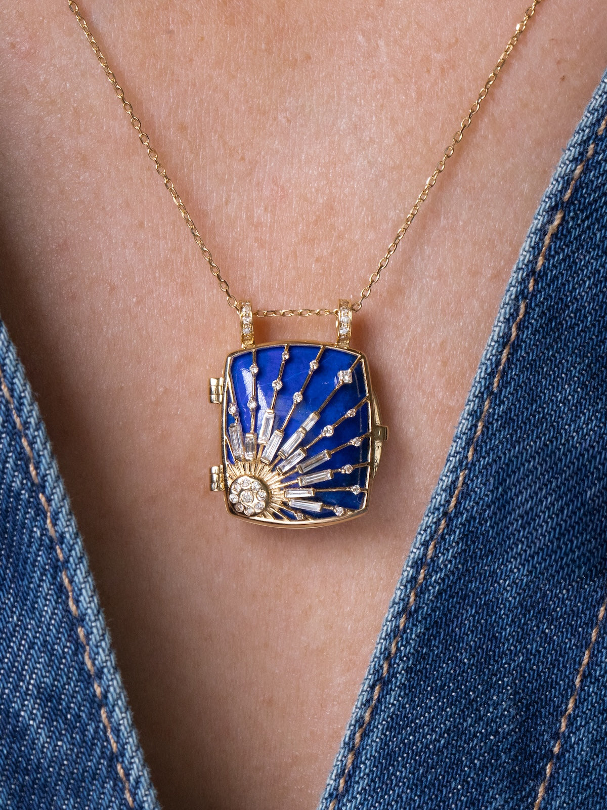 Lapis Sun & Diamonds Locket Necklace
